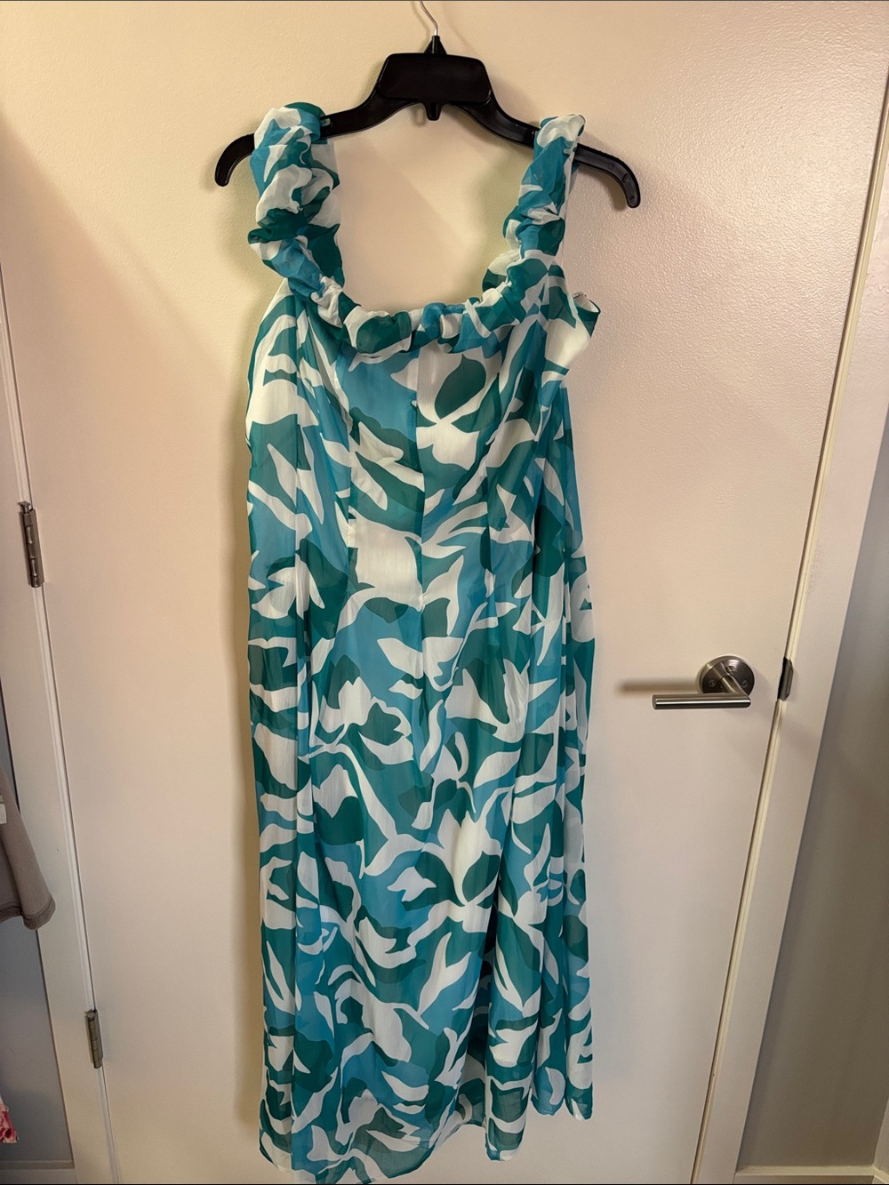 Formal off the shoulder teal patterned maxi dress
